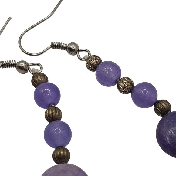 Purple Beaded Drop Dangle Earrings Amethyst Stacked Beaded Boho Round Hook Back - Picture 4 of 7